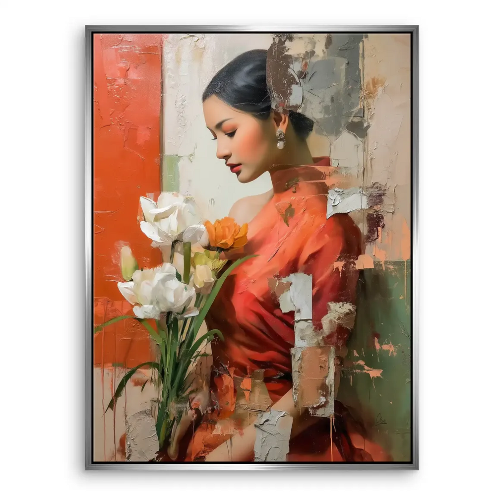 Warm color palette of rich oranges, creams, and greens enhancing modern living room or bedroom decor.