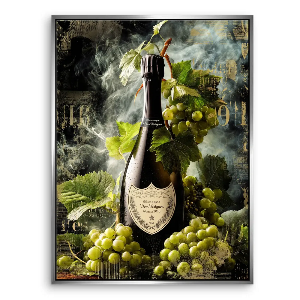 Green and black color palette with a sophisticated champagne grape artwork