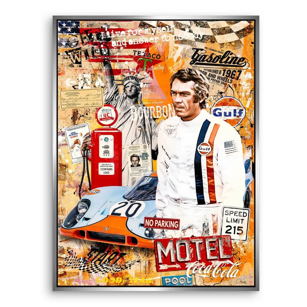 The composition fuses retro advertising and car culture into a bold canvas ideal for contemporary interiors.