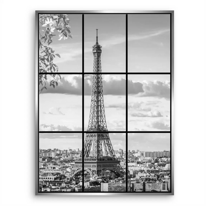 Chic urban wall art of Paris focusing on the Eiffel Tower in grayscale.
