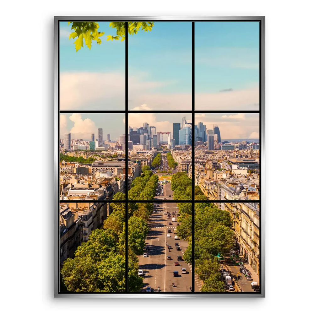 Wide-angle Paris cityscape showing an expansive boulevard and urban architecture
