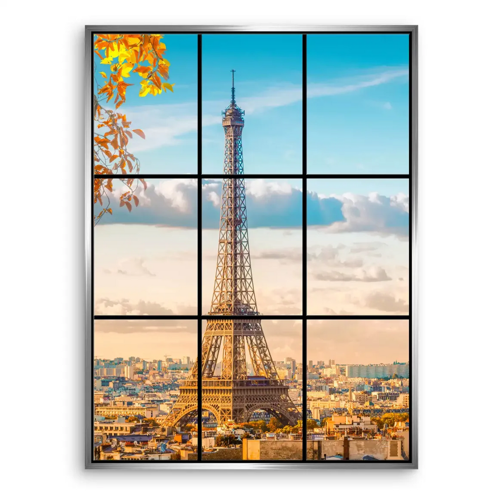 Eiffel Tower rising above Parisian streets during a bright sunrise in travel-inspired art.