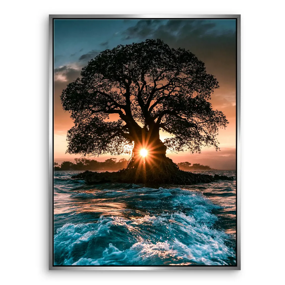 Central tree as focal point under a glowing sun