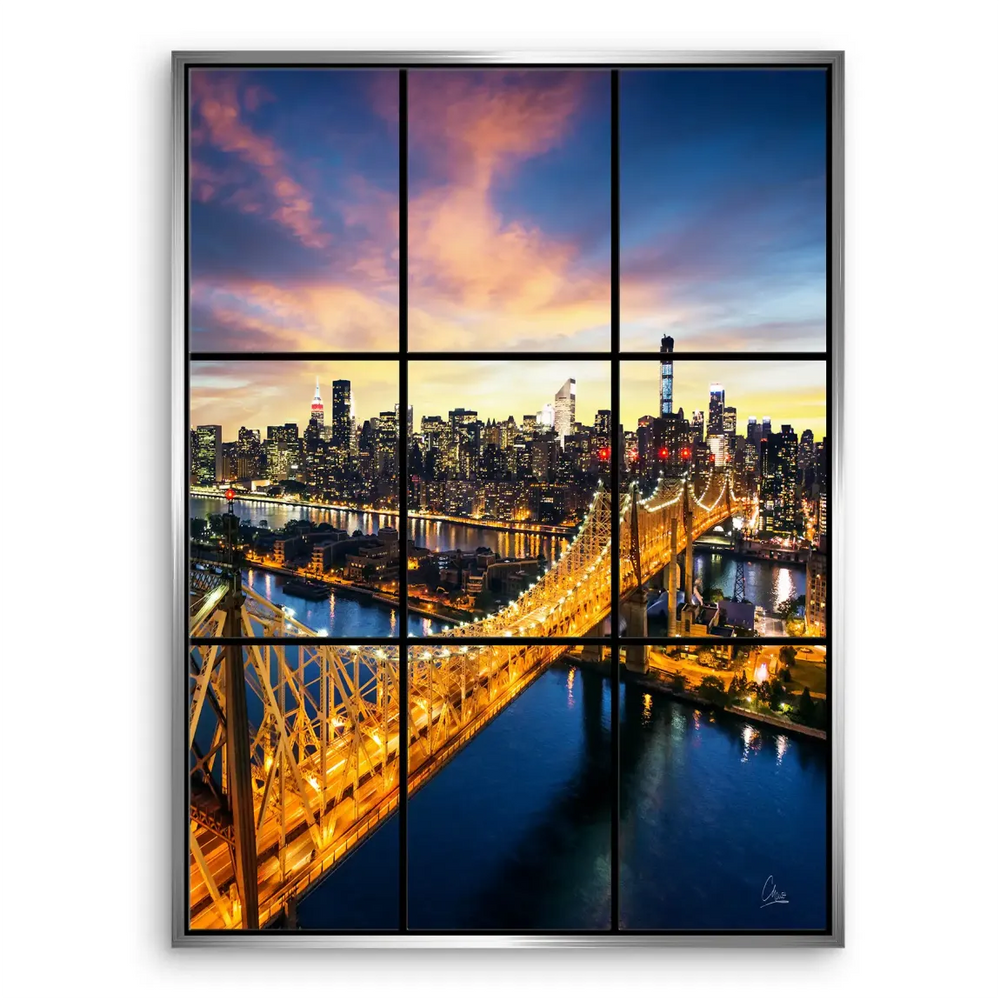 Nine-panel window grid framing a structured urban panorama of NYC skyline
