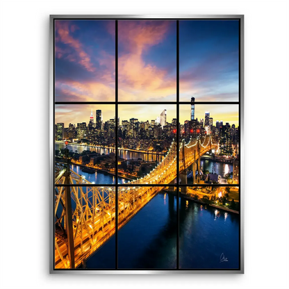 Nine-panel window grid framing a structured urban panorama of NYC skyline