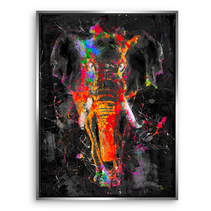 Modern art elephant canvas with vibrant color bursts and motion.