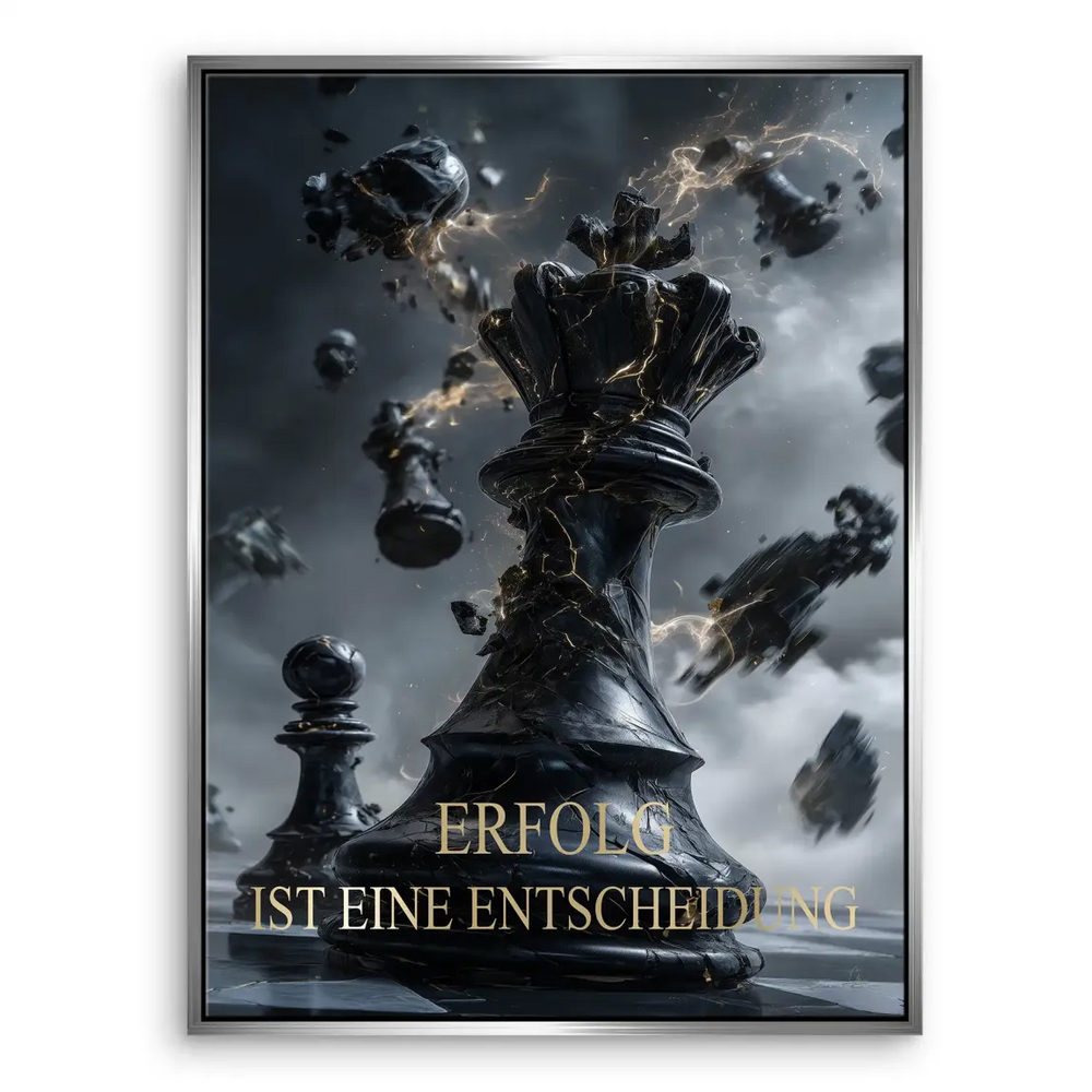 The English phrase Success is a Decision emblazoned on the queen among chess pieces