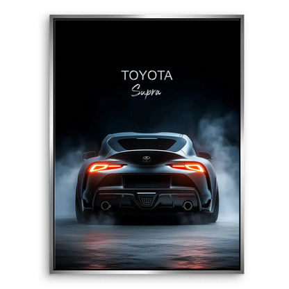 Toyota Supra wall art ideal for garage decor with dramatic lighting