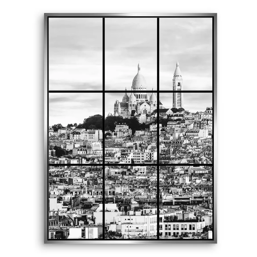 Nine-pane window-inspired composition of Paris skyline in grayscale