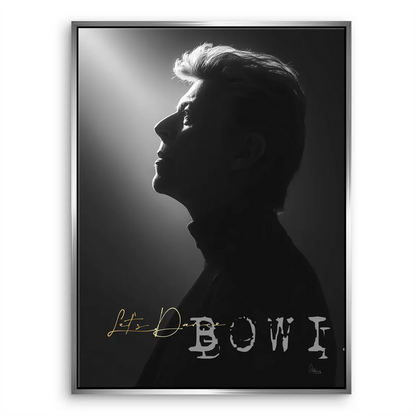 White 'BOWIE' lettering and elegant design on grayscale canvas
