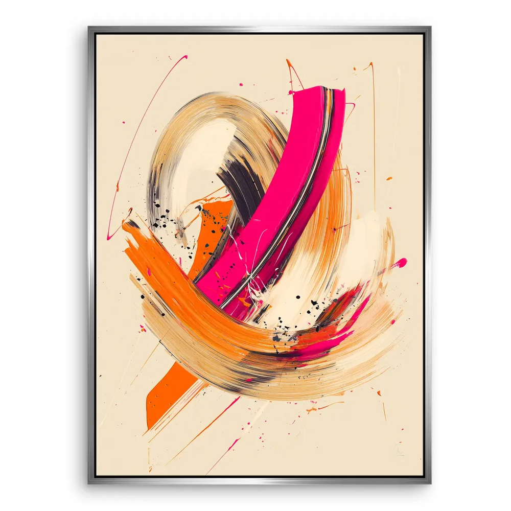 Statement wall art with bold color and dynamic composition in pink, orange, and beige.