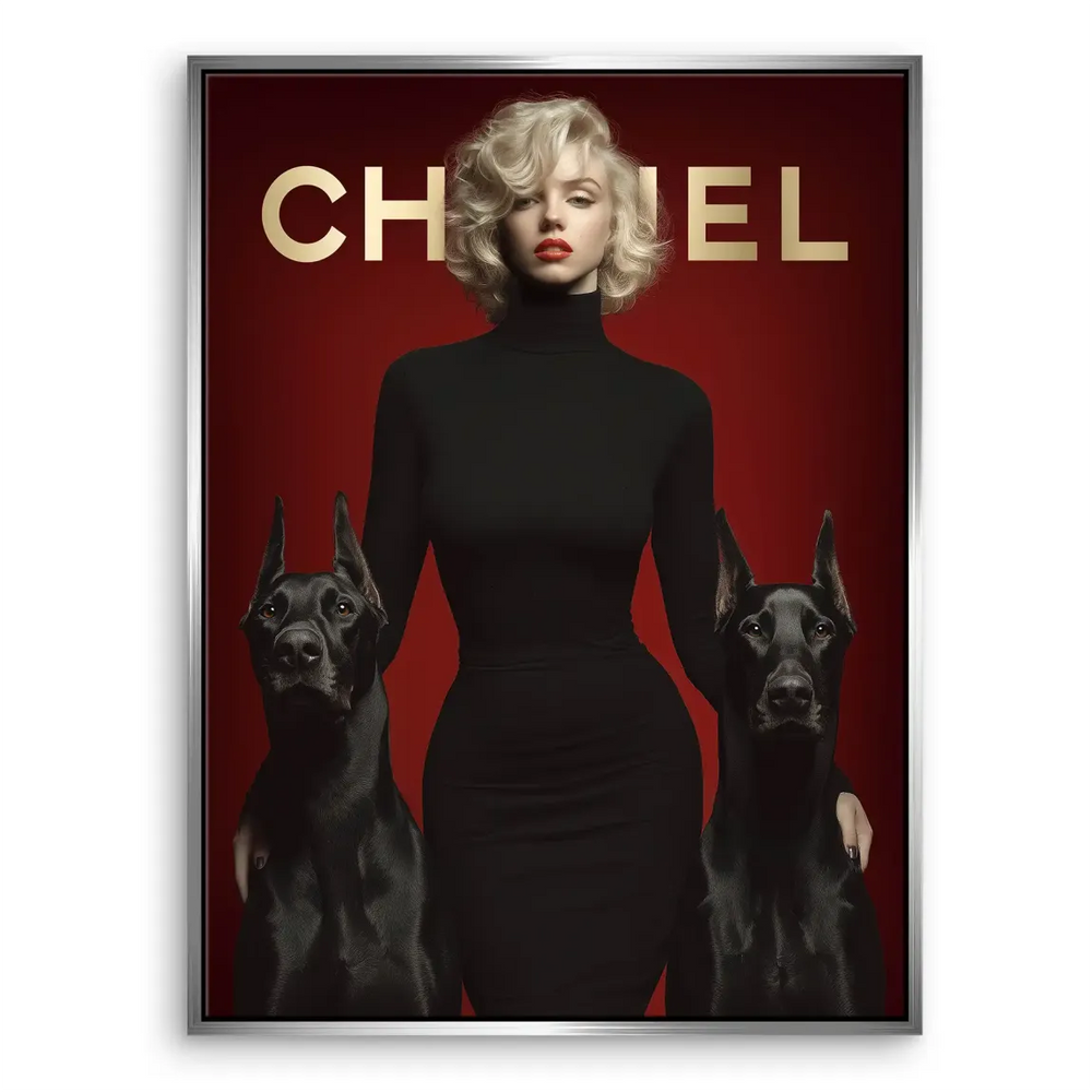 Statement wall art featuring Monroe-inspired figure and canine silhouettes for glam or minimalist spaces