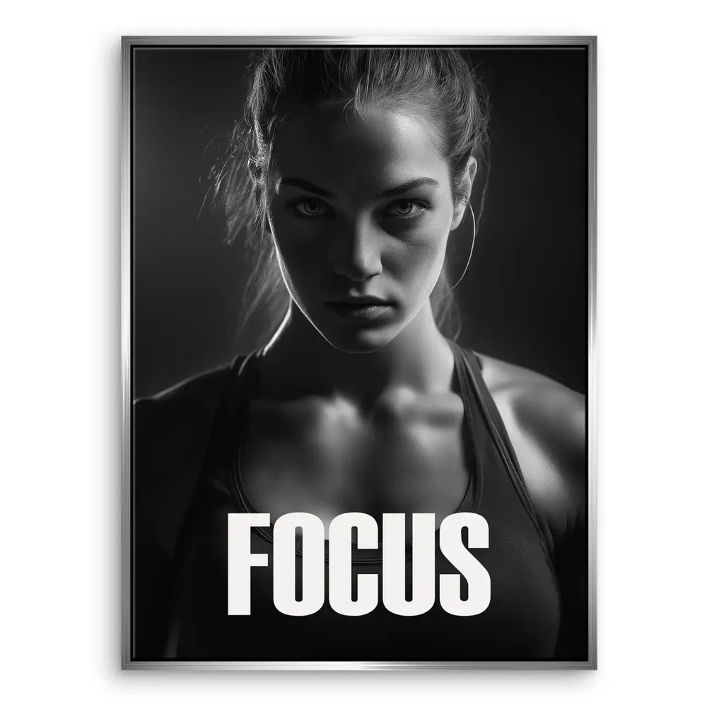 High-contrast black-and-white canvas art capturing athletic focus for a home gym.