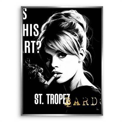 Brigitte Bardot canvas print for office decor, black and white with gold lettering.