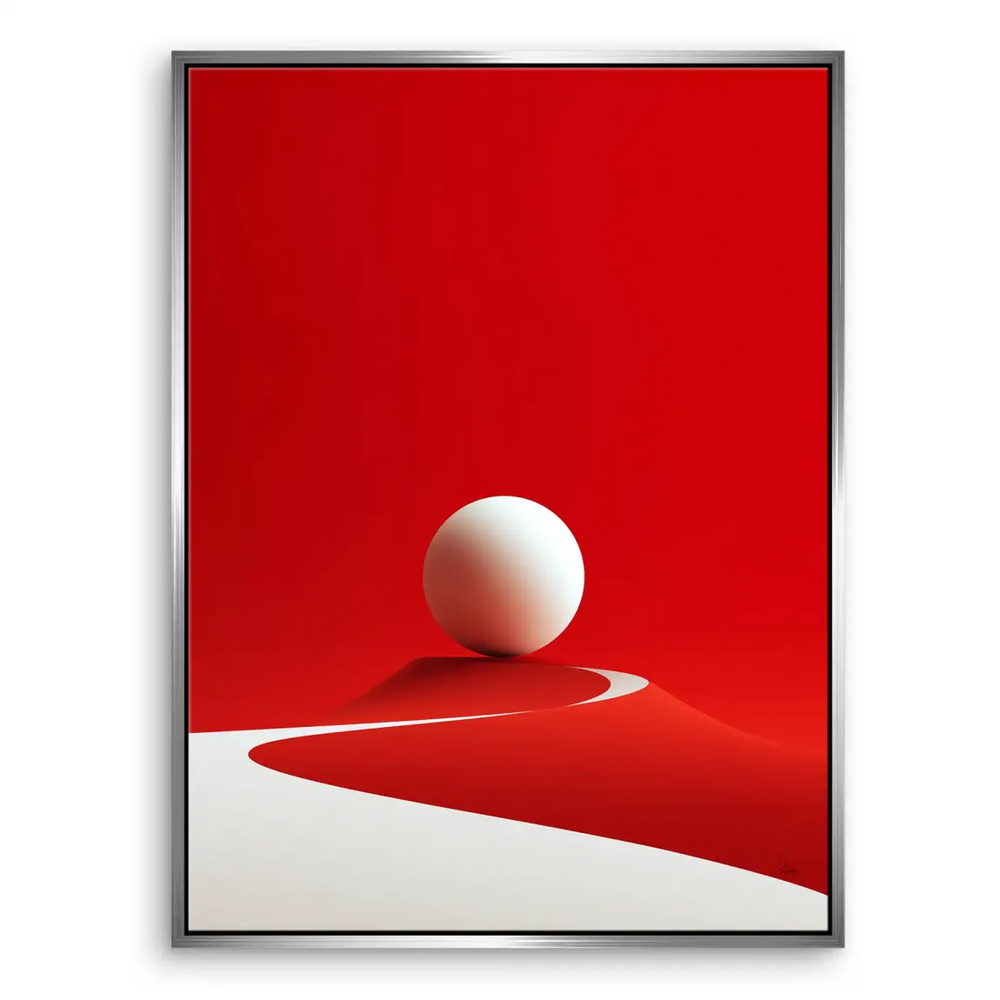 Modern abstract art with a red landscape and white sphere as focal point