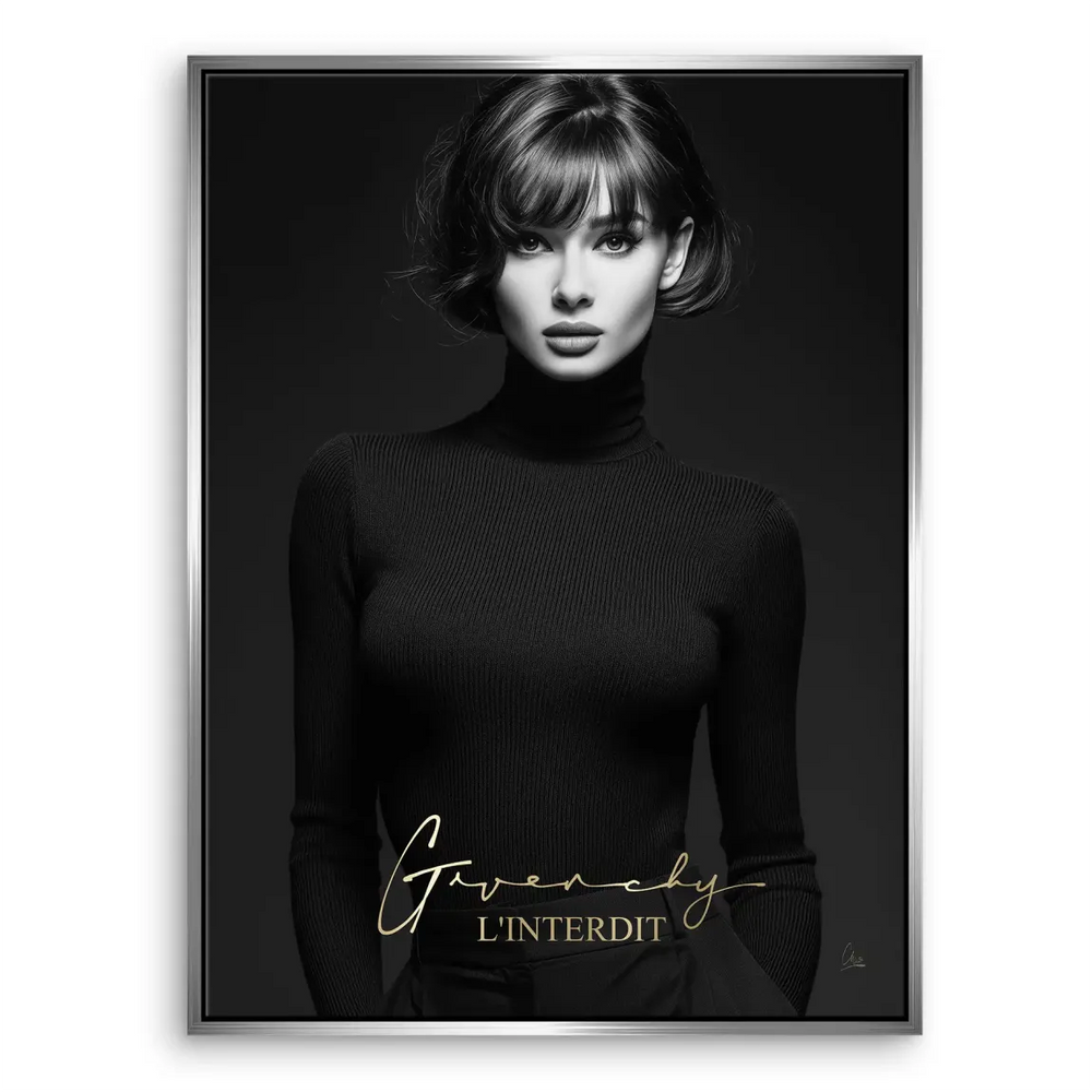 Iconic-inspired wall art combining brand elements with a refined grayscale portrait