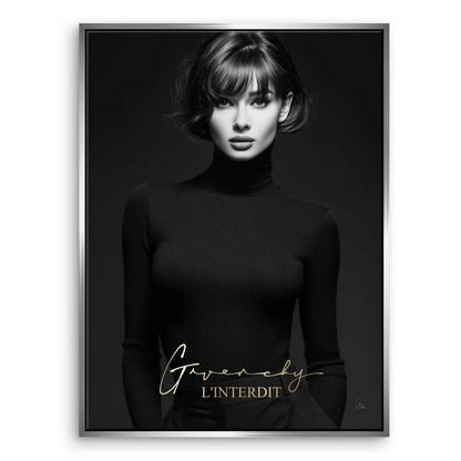 Iconic-inspired wall art combining brand elements with a refined grayscale portrait