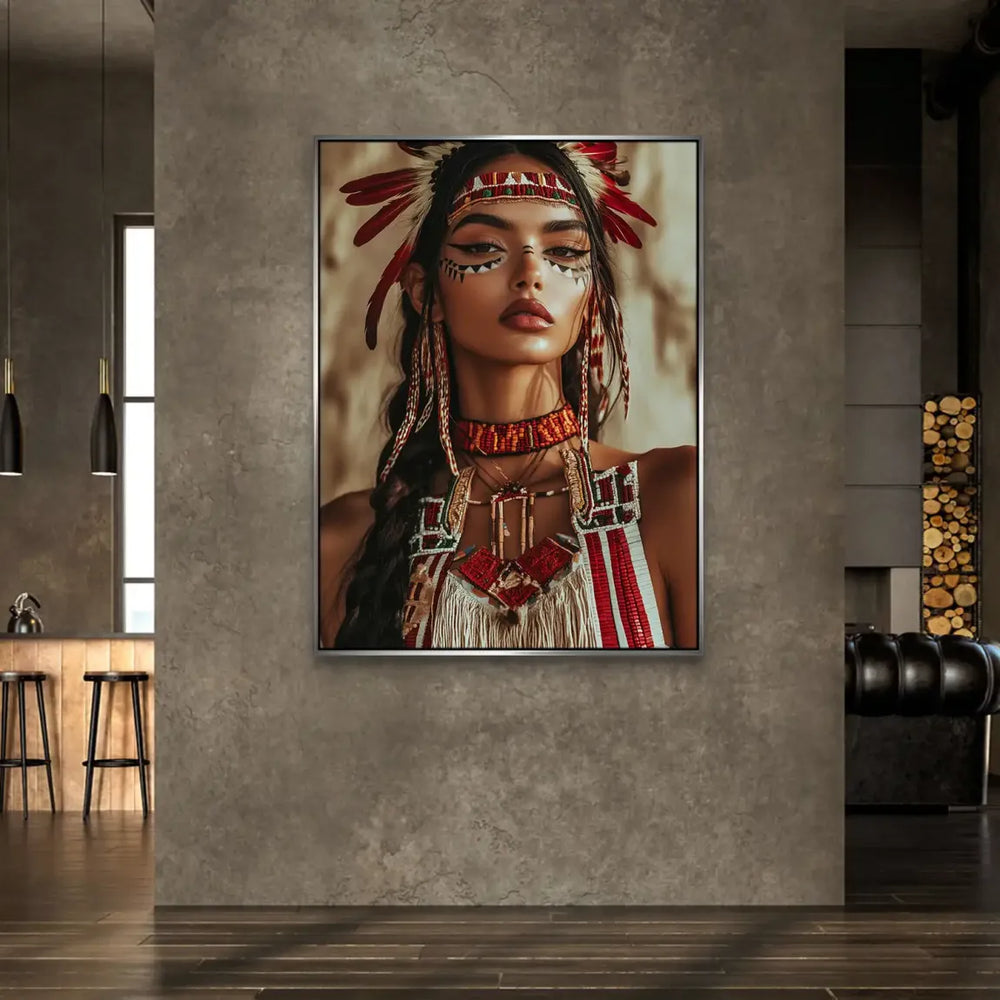 Beaded choker and colorful attire in serene portrait on canvas