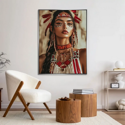 Serene gaze of indigenous woman in rich reds and browns on a canvas wall art piece.