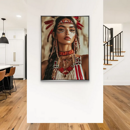 Beaded headband and choker with red and earthy tones on a Native American woman canvas art.