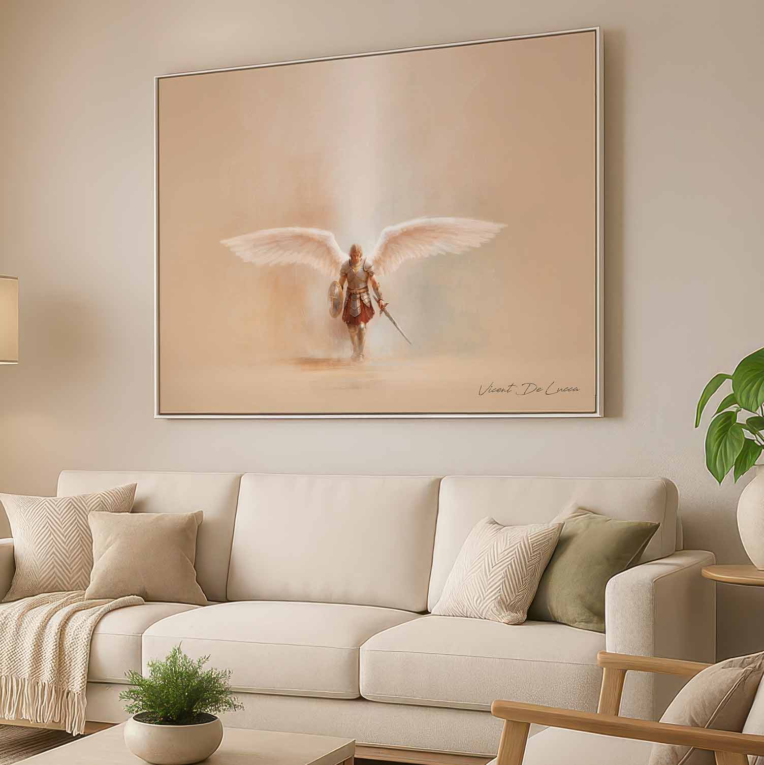 The angel holds a shield and a downward-pointing sword, bathed in radiant ethereal light.