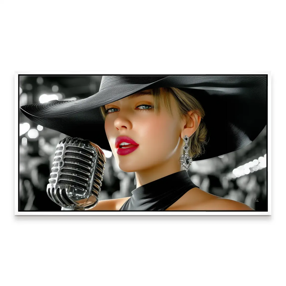 Elegant art print featuring a 1940s-60s fashion look and a microphone prop