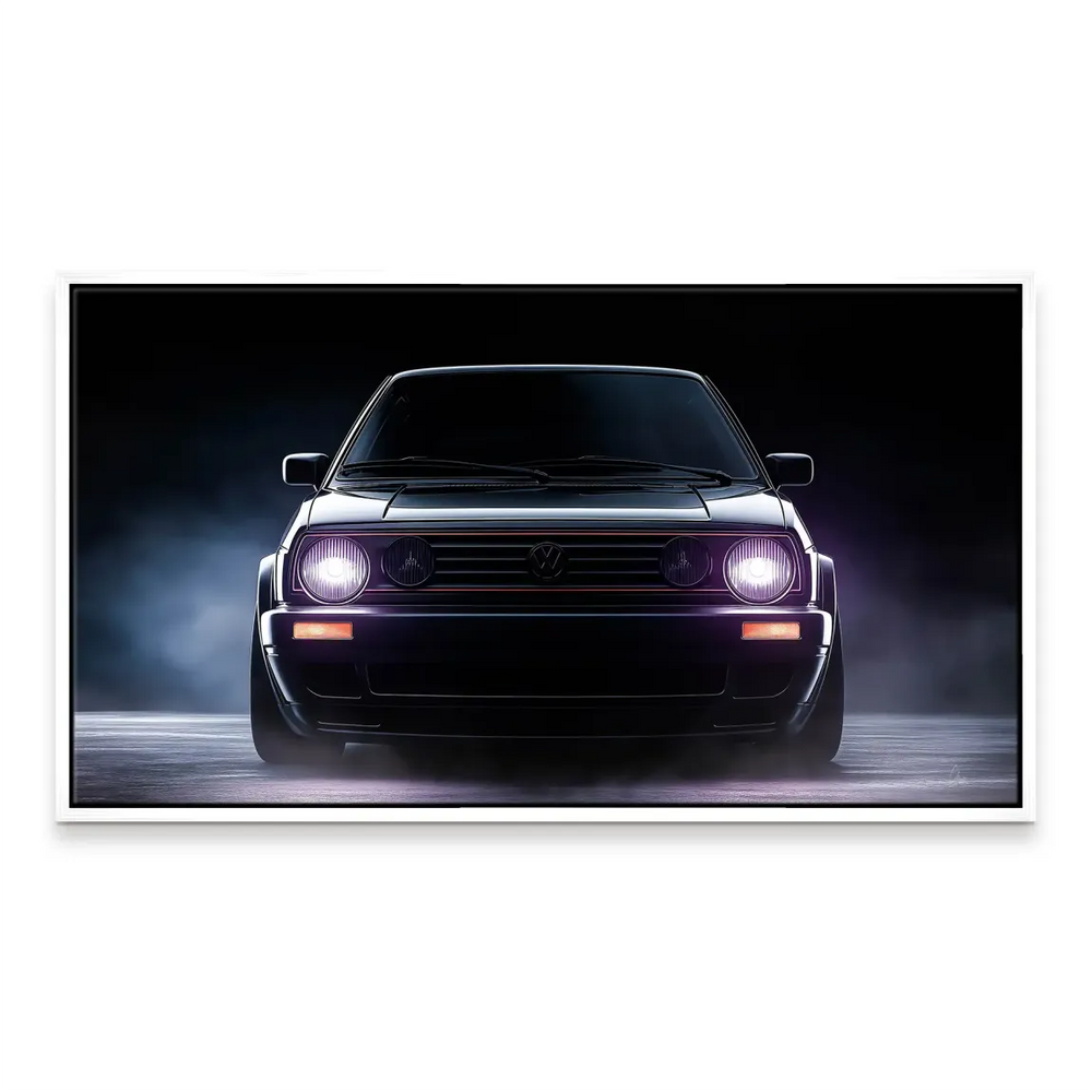 Canvas wall art showcasing industrial-modern styling with a classic Volkswagen Golf on a black backdrop.