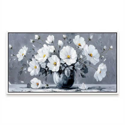 Elegant white floral spray on a silver background for a refined wall display.