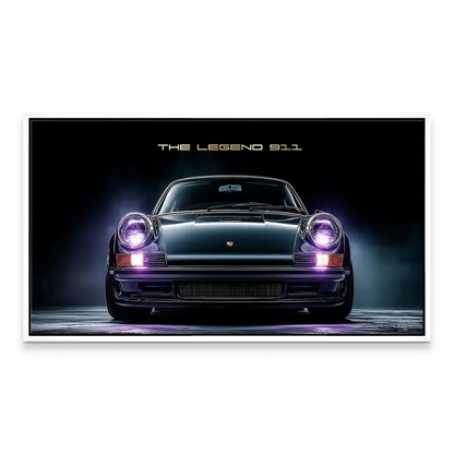 Gold typography THE LEGEND 911 accompanies the Porsche canvas art.