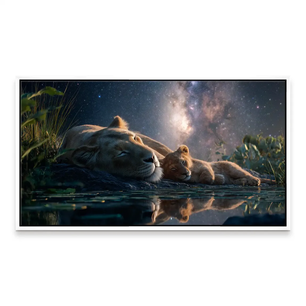 Lion Serenade Canvas Painting: Lioness and Cub under Starry Night Sky - Image 8
