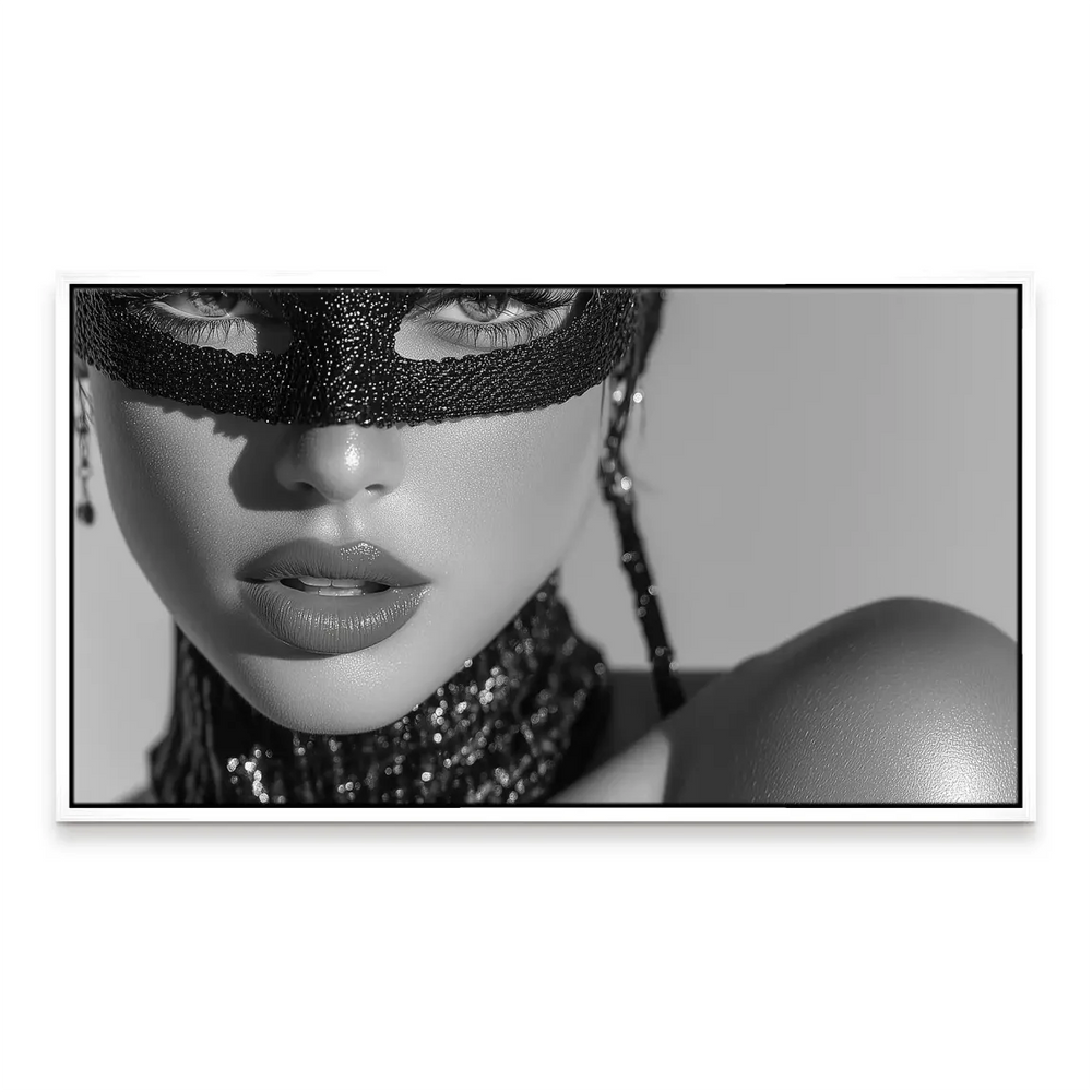 Statement grayscale wall art of a masked woman with mask and jewelry, ideal for chic spaces.