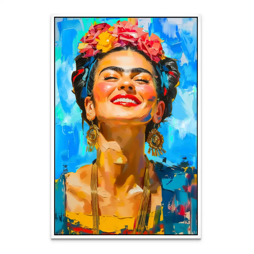 Frida Kahlo colored life canvas highlighted as a statement piece for a living room.