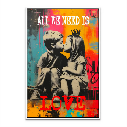 Colorful wall art celebrating universal love and innocence with Banksy style flair