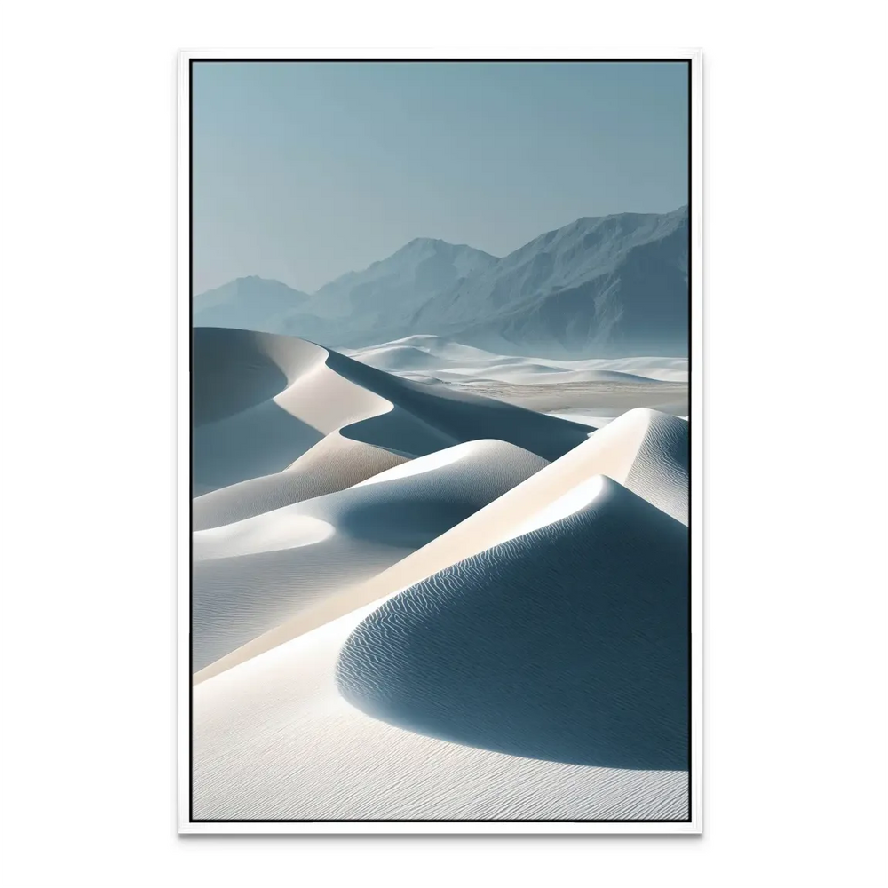 Contemporary wall art depicting a minimalist desert landscape in cool tones