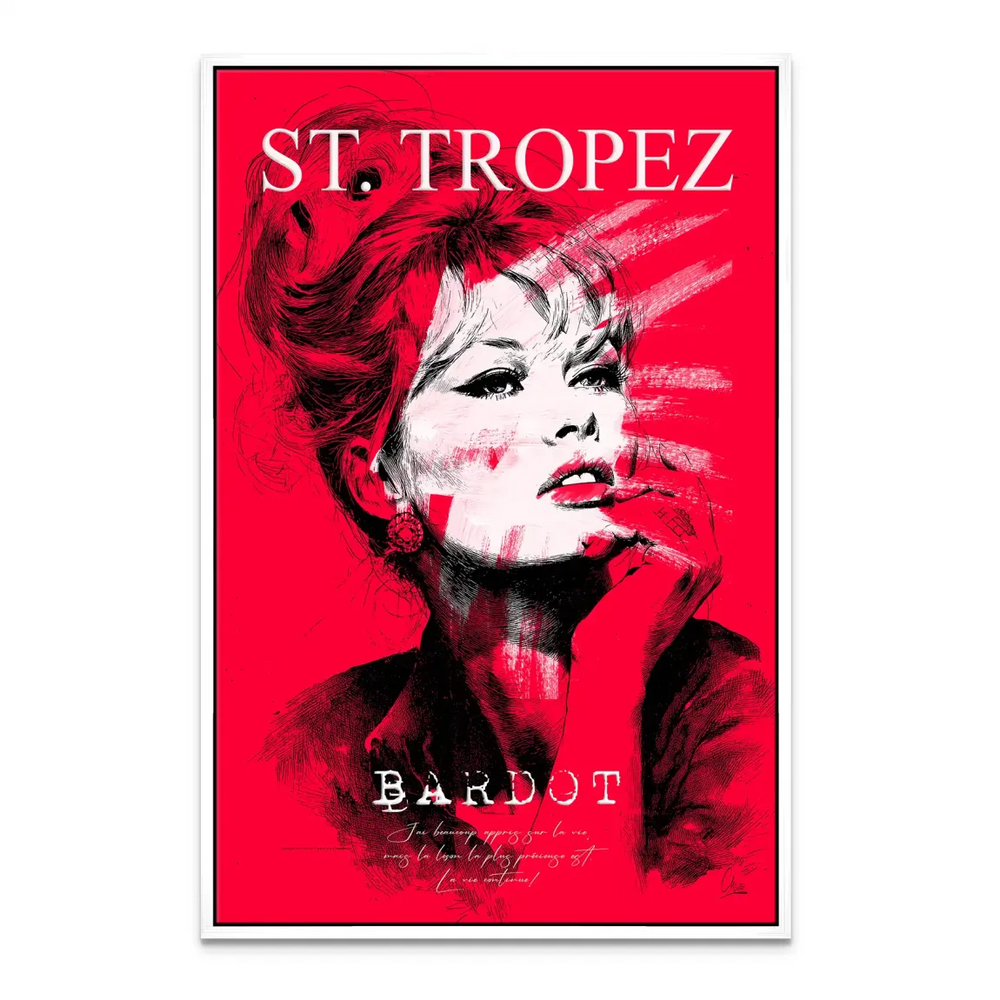 Celebrity glamour wall decor showing Brigitte Bardot on a vivid red background