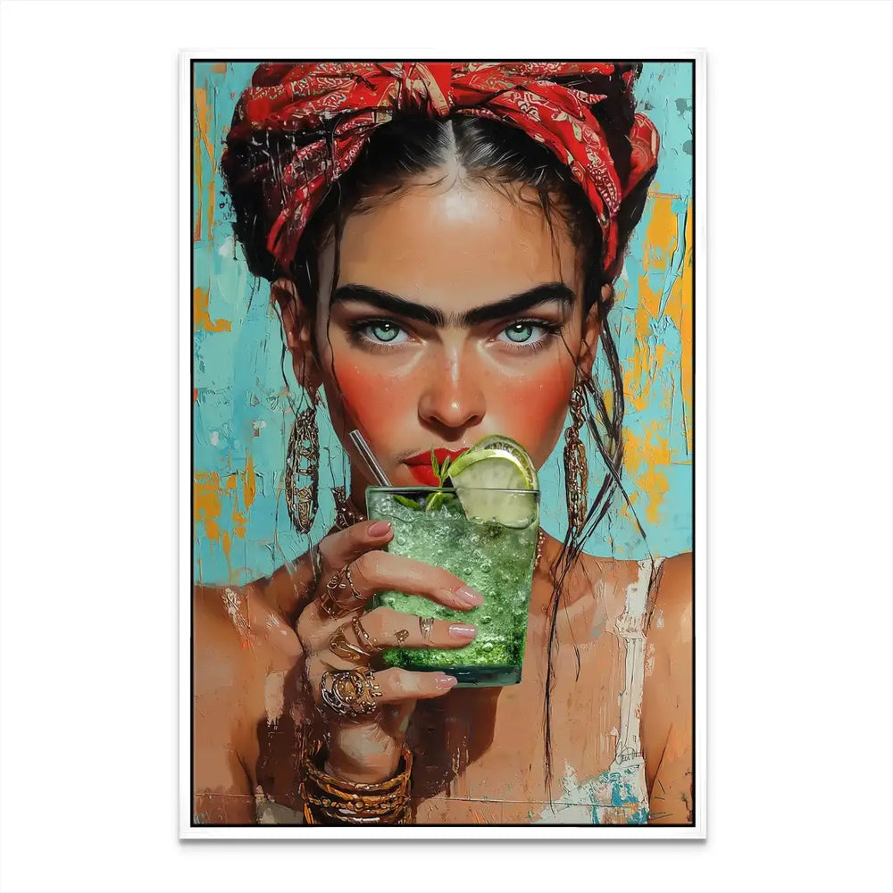 Medium shot highlighting the bohemian-modern style of the mint canvas portrait.