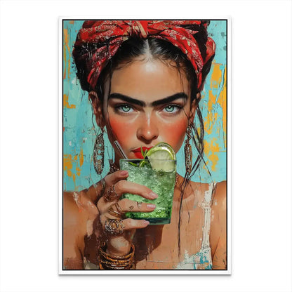 Medium shot highlighting the bohemian-modern style of the mint canvas portrait.