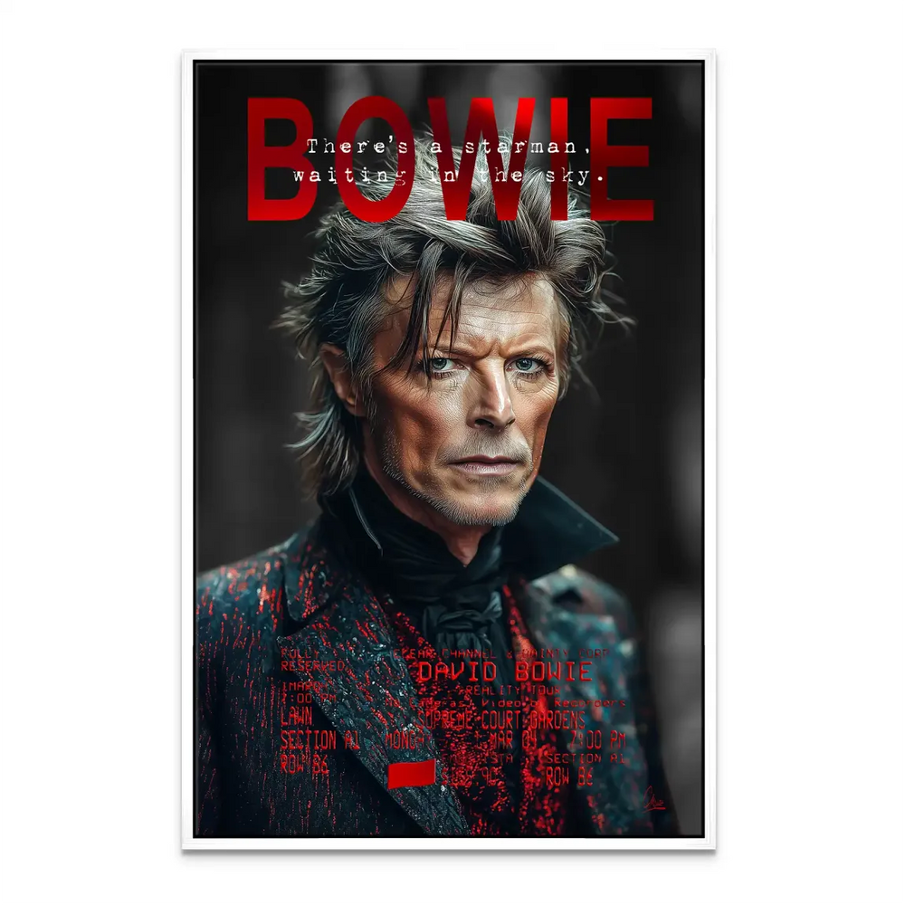 Monochrome background highlighting bold red typography on Bowie canvas