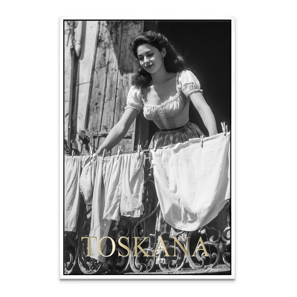 Classic European balcony scene in black-and-white canvas art.