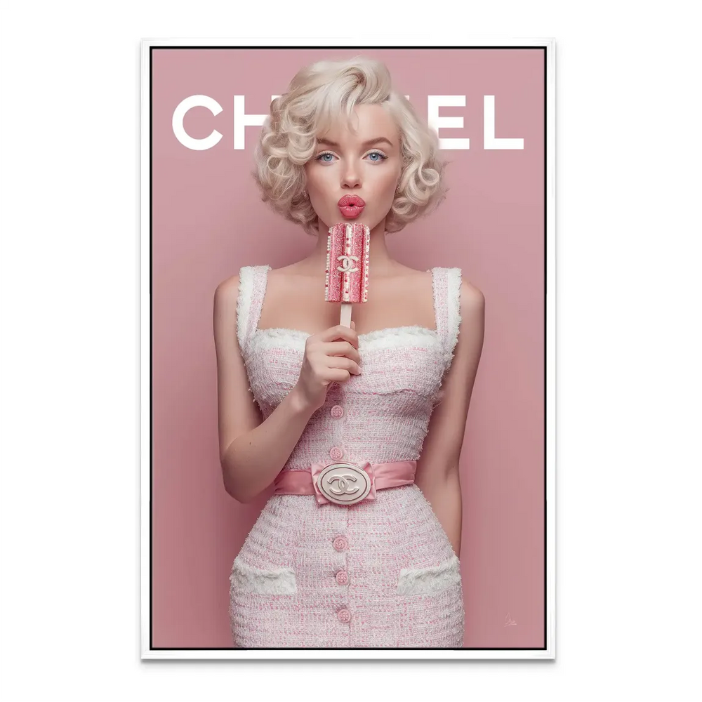 Chanel-inspired belt detail on a fashionable pink dress in a canvas portrait