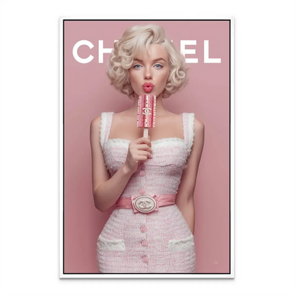 Chanel-inspired belt detail on a fashionable pink dress in a canvas portrait