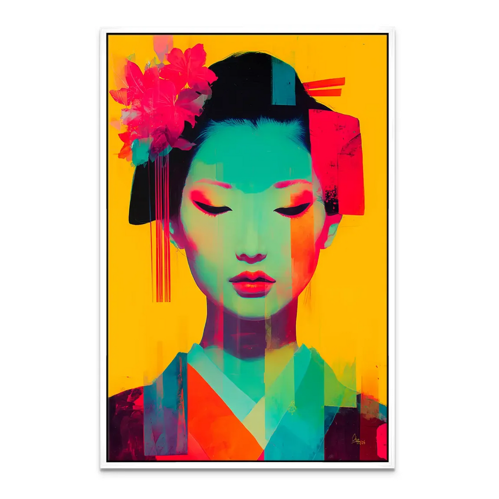Eclectic wall decor: Geisha portrait in neon colors for statement walls.
