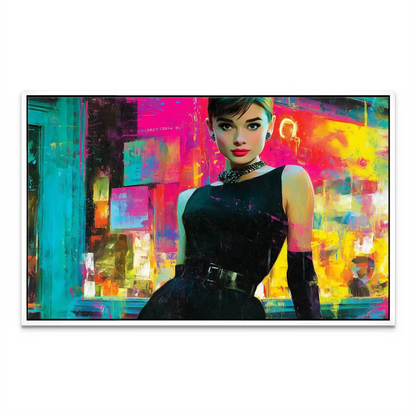 Audrey Hepburn Midnight Elegance: iconic portrait on vibrant wall art.