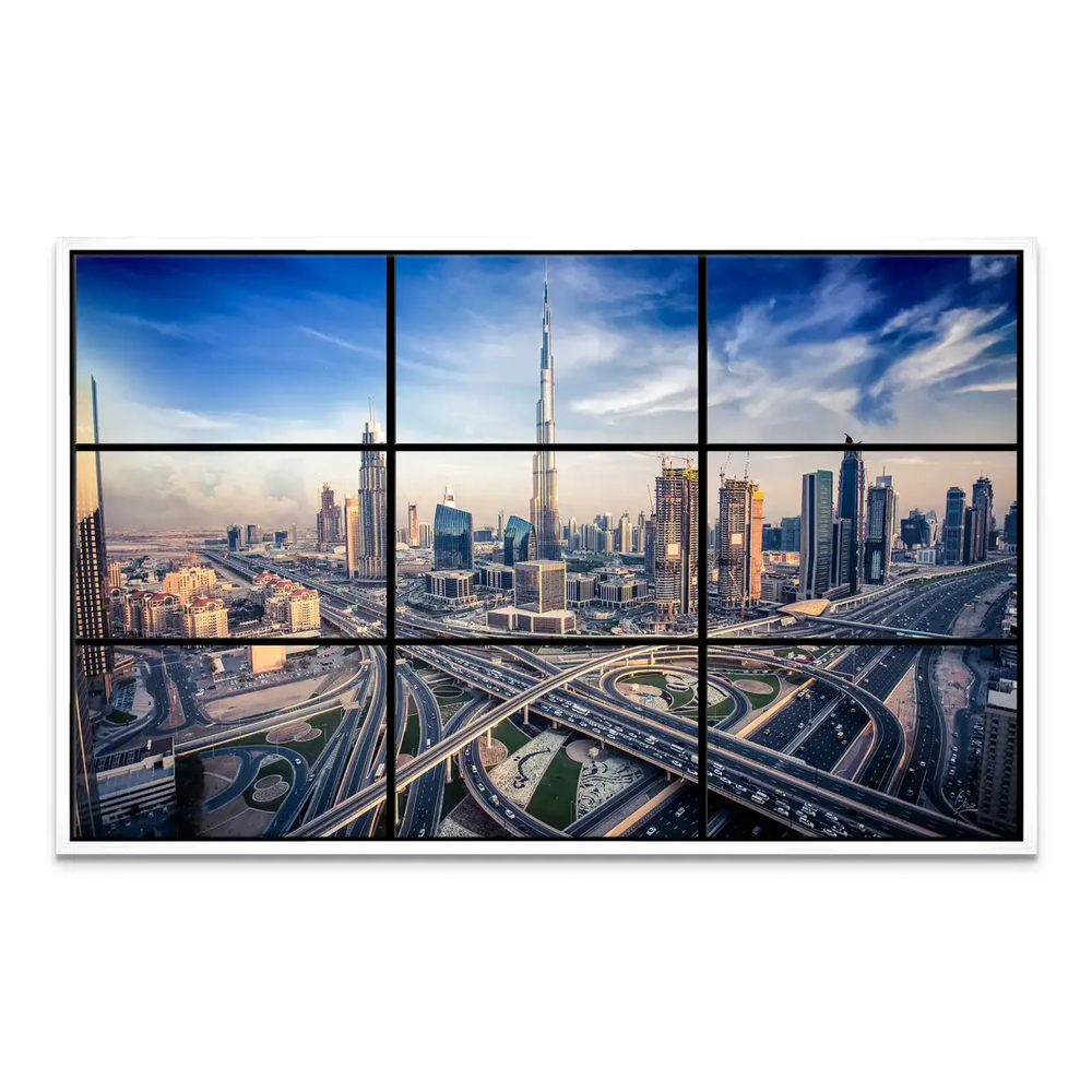 Canvas wall art depicting a grand, global city skyline for interior decor