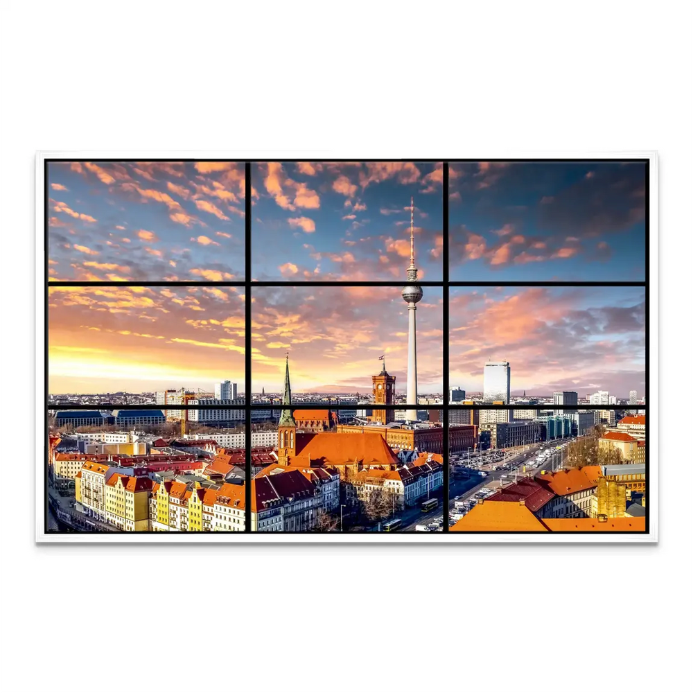 Industrial chic wall art showing Berlin cityscape for living room or dining area