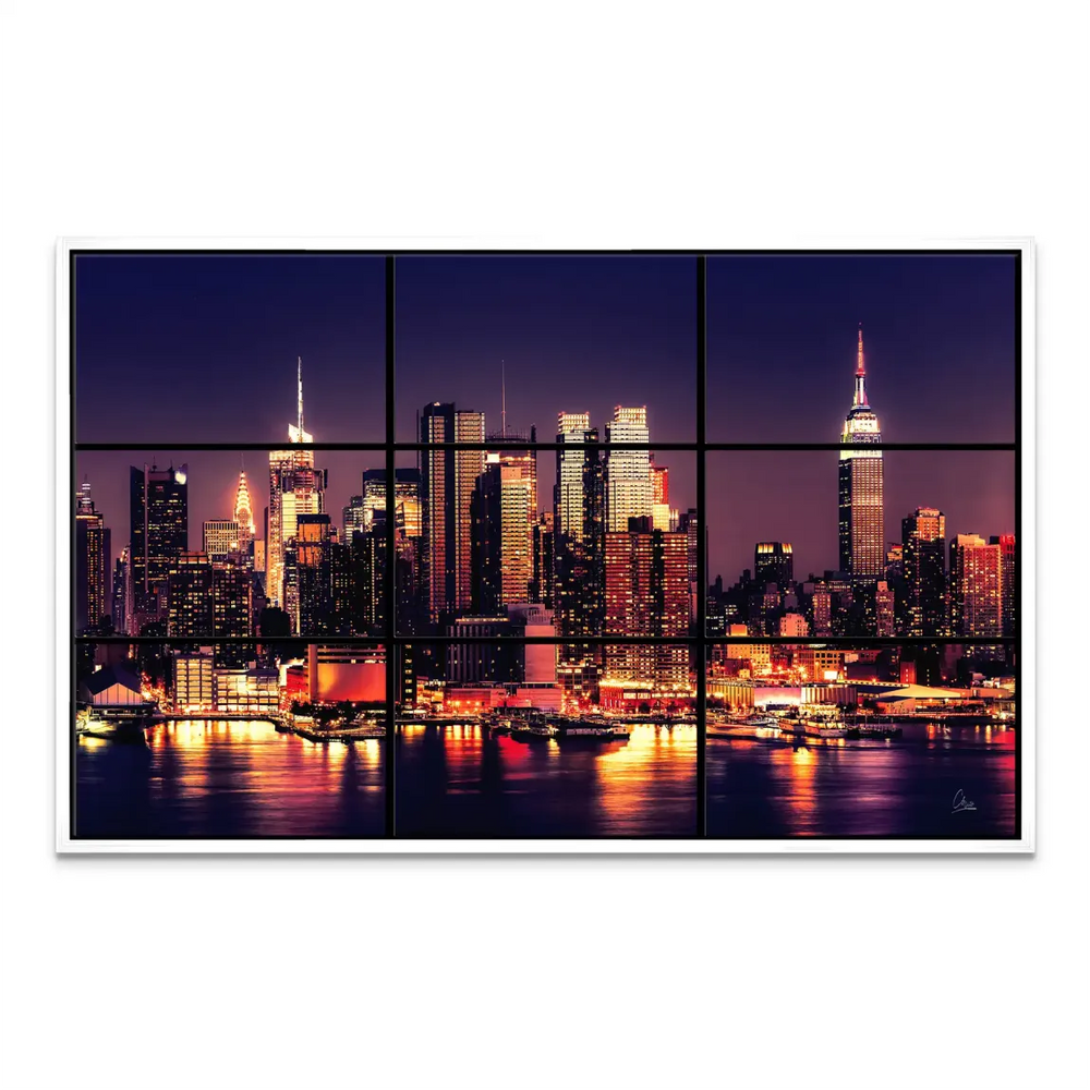 Urban skyline seen through window-like panel arrangement