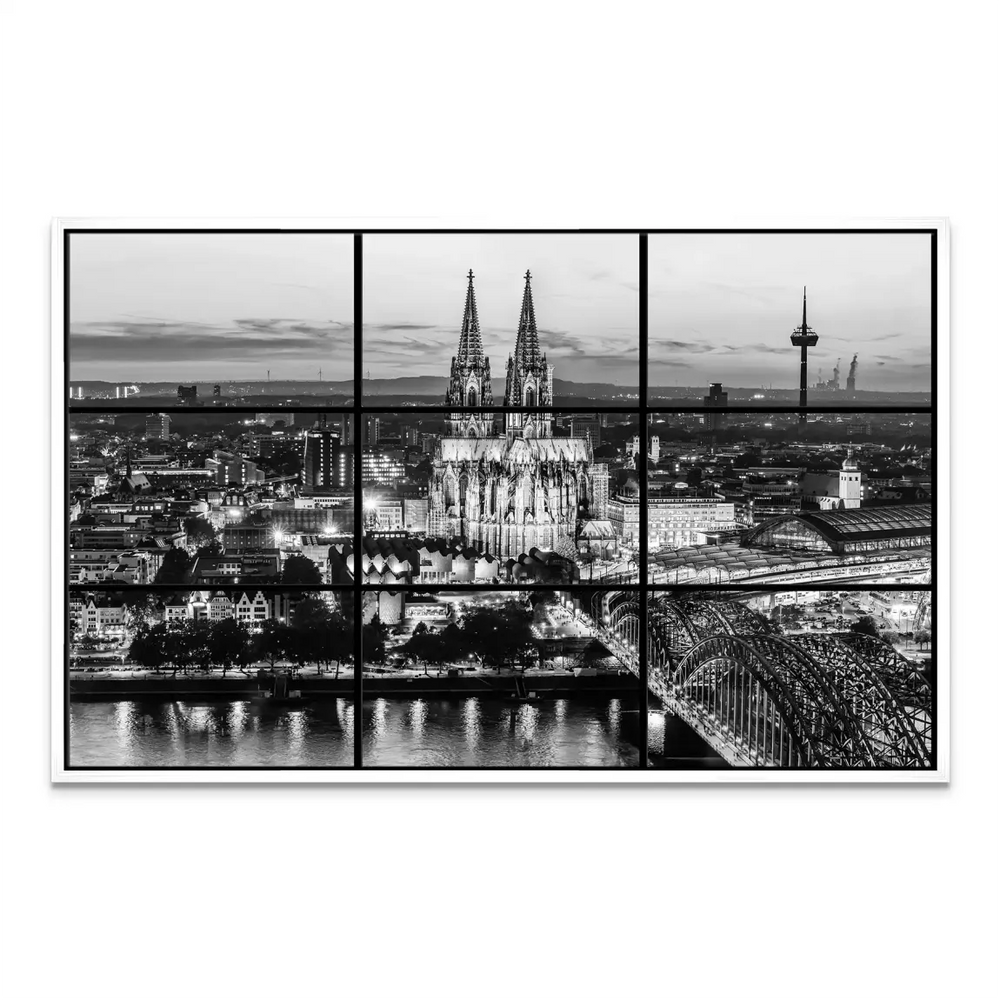 Nine-panel grid layout presenting a modern window-like view of Cologne