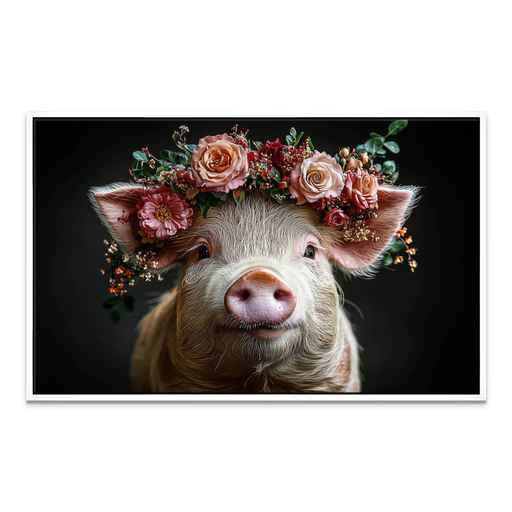 Serene animal art: piglet with floral crown on dark canvas