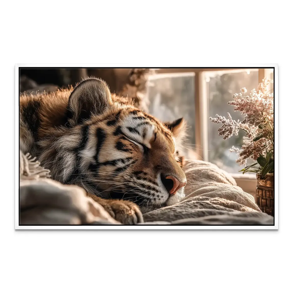 Calm wall art of a sleeping tiger ideal for nurseries or bedrooms