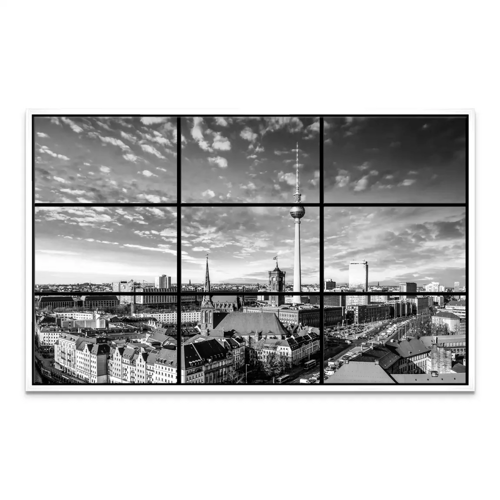 Fourth panel continues the monochrome cityscape with additional towers and structures